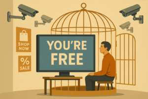 A digital illustration showing a man sitting inside an open golden birdcage, smiling as he watches a large screen that says “YOU’RE FREE.” Around him are surveillance cameras and shopping ads, symbolizing the illusion of freedom in a controlled society.