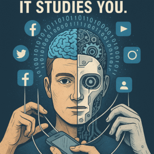 A split-face digital illustration showing half of a human and half of a robot, symbolizing the merging of organic thought with algorithmic control. Above the head is a glowing brain surrounded by binary code, while social media icons like Facebook, Twitter, and Instagram float around. Puppet-like hands manipulate strings connected to a smartphone, representing algorithm-driven behavior. The bold headline reads: “The Algorithm Doesn’t Love You. It Studies You.