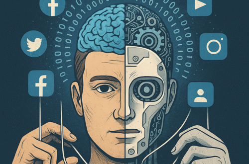 A split-face digital illustration showing half of a human and half of a robot, symbolizing the merging of organic thought with algorithmic control. Above the head is a glowing brain surrounded by binary code, while social media icons like Facebook, Twitter, and Instagram float around. Puppet-like hands manipulate strings connected to a smartphone, representing algorithm-driven behavior. The bold headline reads: “The Algorithm Doesn’t Love You. It Studies You.