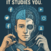 A split-face digital illustration showing half of a human and half of a robot, symbolizing the merging of organic thought with algorithmic control. Above the head is a glowing brain surrounded by binary code, while social media icons like Facebook, Twitter, and Instagram float around. Puppet-like hands manipulate strings connected to a smartphone, representing algorithm-driven behavior. The bold headline reads: “The Algorithm Doesn’t Love You. It Studies You.