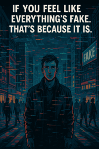 A digital artwork showing a young man standing in the middle of a dark city street surrounded by glitch effects. The environment around him — buildings, people, and lights — appears distorted, as if part of a broken simulation. Above him, bold white text reads: “If You Feel Like Everything’s Fake, That’s Because It Is.” The man looks aware and alert, while the crowd around him walks mindlessly, enhancing the feeling of manufactured reality.