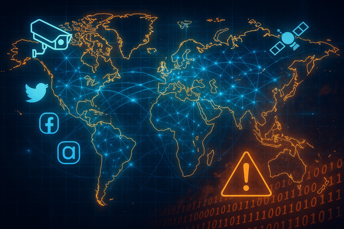 A digital illustration of a world map overlaid with glowing data lines, social media icons, a satellite, a surveillance camera, and a warning sign, symbolizing global information warfare and cyber geopolitics.