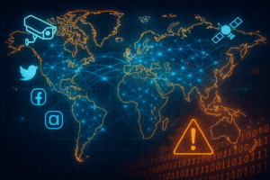 A digital illustration of a world map overlaid with glowing data lines, social media icons, a satellite, a surveillance camera, and a warning sign, symbolizing global information warfare and cyber geopolitics.