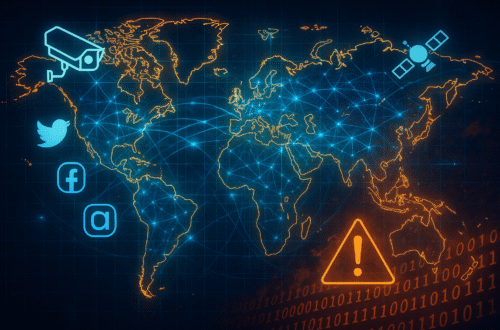 A digital illustration of a world map overlaid with glowing data lines, social media icons, a satellite, a surveillance camera, and a warning sign, symbolizing global information warfare and cyber geopolitics.