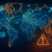 A digital illustration of a world map overlaid with glowing data lines, social media icons, a satellite, a surveillance camera, and a warning sign, symbolizing global information warfare and cyber geopolitics.